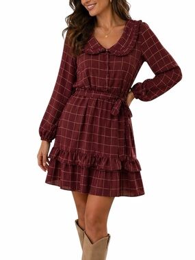 LC Lauren Conrad Burgundy Plaid Ruffle Dress Long Sleeve Tie Waist Feminine NWT